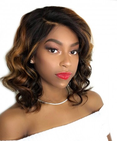 CARA Brown High Light Natural Wave Lace Front Wig Bob Style