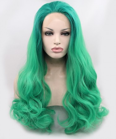 CARA Ombre Wig Light Green Color Long Wavy Synthetic Wig Lace Front Wig