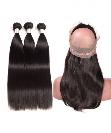 CARA Brazilian Virgin Hair Straight 360 Lace Frontal Closure With 3 Bundles