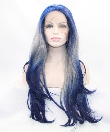 CARA Blue/White Ombre Long Wavy Synthetic Wig 