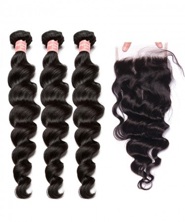 CARA Lace Closure with 3 Bundles Loose Wave Brazilian Virgin Hair With Closure