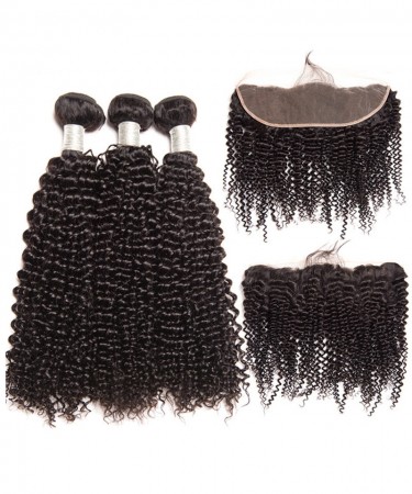 CARA 100% Human Hair Lace Frontal with 3 Bundles Brazilian Kinky Curly Virgin Human Hair Weaves