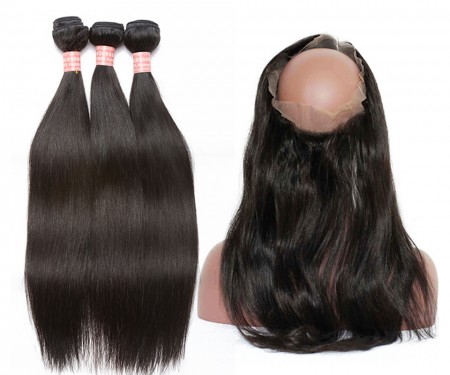 CARA Brazilian Virgin Hair Yaki Straight 360 Lace Frontal With 3 Bundles Natural Color