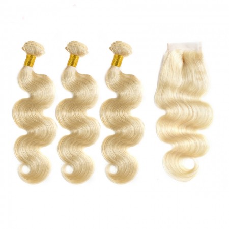 CARA Brazilian Body Wave Lace Closure with 3 Bundles 100% Human Hair Weave #613 Blonde Color
