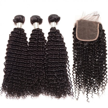 CARA Human Hair Lace Closure with 3 Bundles Brazilian Kinky Curly Virgin Human Hair