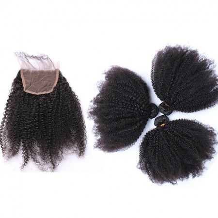 CARA Afro Kinky Curly Lace Closure with 3 Bundles 100% Human Hair Bundles with Closure