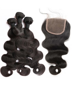 CARA Brazilian Body Wave Lace Closure with 3 Bundles Natural Color 100% Human Hair