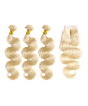 CARA Brazilian Body Wave Lace Closure with 3 Bundles 100% Human Hair Weave #613 Blonde Color