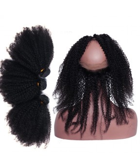CARA Pre Plucked Afro Kinky Curly 360 Lace Frontal Closure With 3 Bundles
