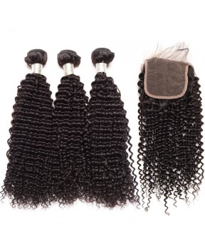 CARA Human Hair Lace Closure with 3 Bundles Brazilian Kinky Curly Virgin Human Hair
