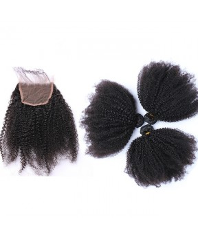 CARA Afro Kinky Curly Lace Closure with 3 Bundles 100% Human Hair Bundles with Closure