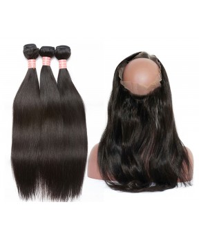 CARA Brazilian Virgin Hair Yaki Straight 360 Lace Frontal With 3 Bundles Natural Color