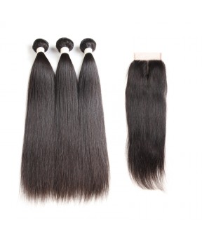 CARA Brazilian Straight Human Hair Closure with 3 Bundles Natural Color 
