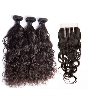 CARA Water Wave Lace Frontal Closure with Bundles 4Pcs Lot Human Hair Weaves with Closure