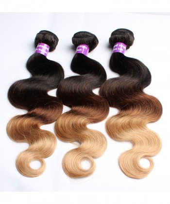 CARA Ombre Hair Bundles Peruvian Body Wave T1B/4/27 3 Tone Remy Hair Weaves Machine Double Weft 3 Bundle