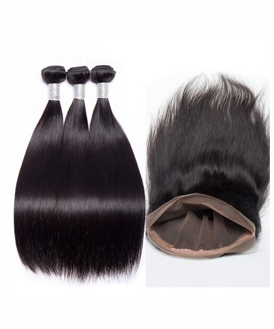 CARA Brazilian Virgin Hair Straight 360 Lace Frontal Closure With 3 Bundles